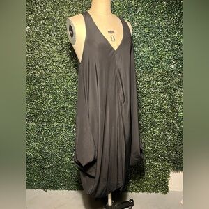 100% SILK Black OAK Draped Sleeveless Dress | Cocoon Hem Flowy Minimalist SMALL